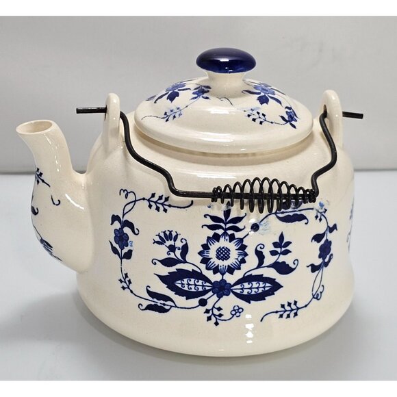Blue Onion Kettle Teapot 6" metal handle Japan pottery transferware vtg 5cup - Picture 1 of 10